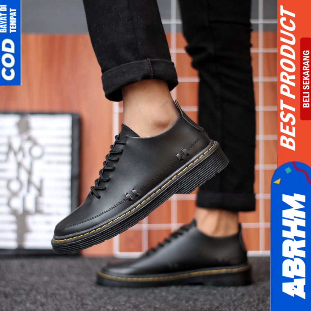 ABRHM Sepatu Formal Pantofel Docmart Hitam Tali Casual Kulit Pu Kerja Hitam Pria