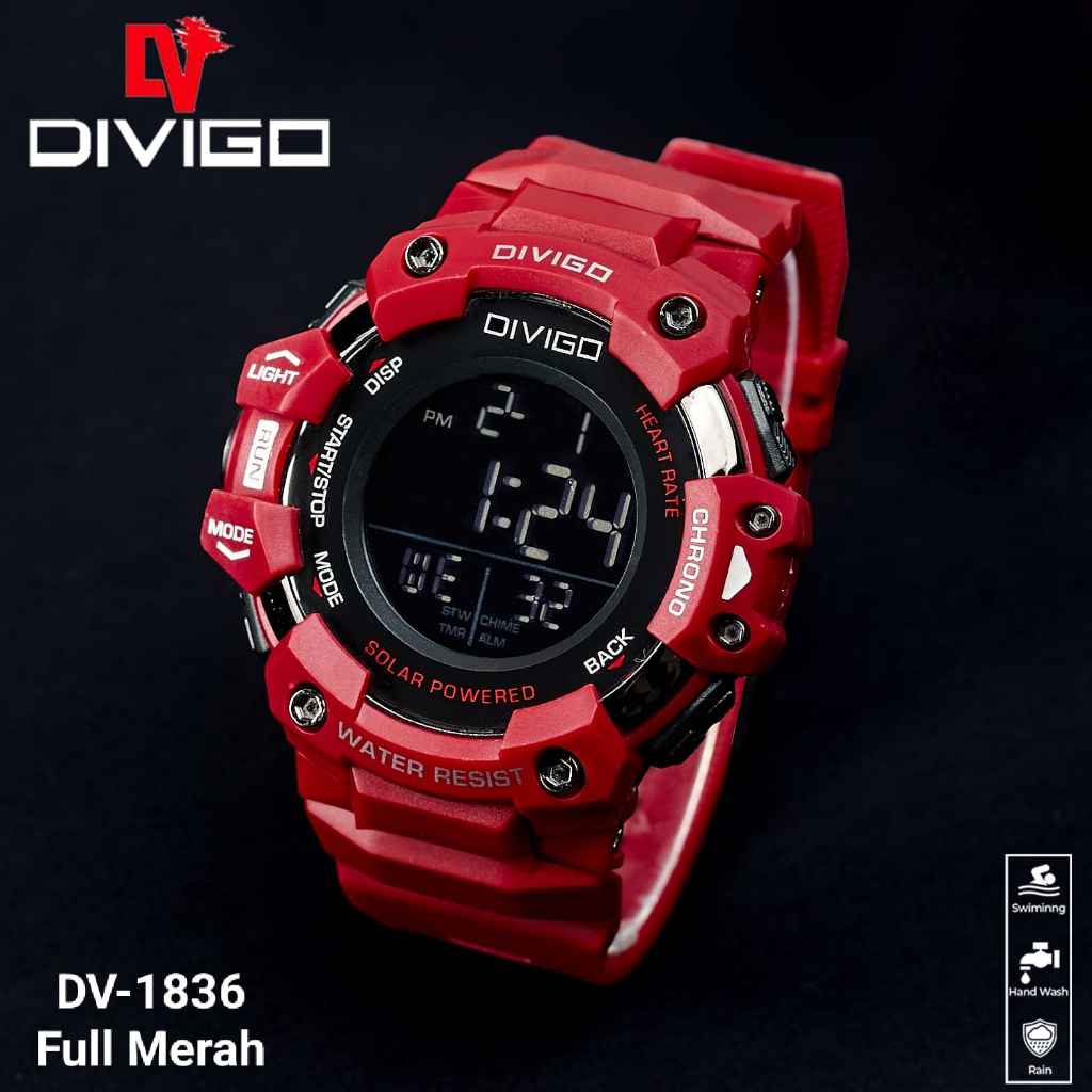 Jam tangan Pria Divigo Digital Sport 1836 Strap Rubber Original Tahan Air-Merah