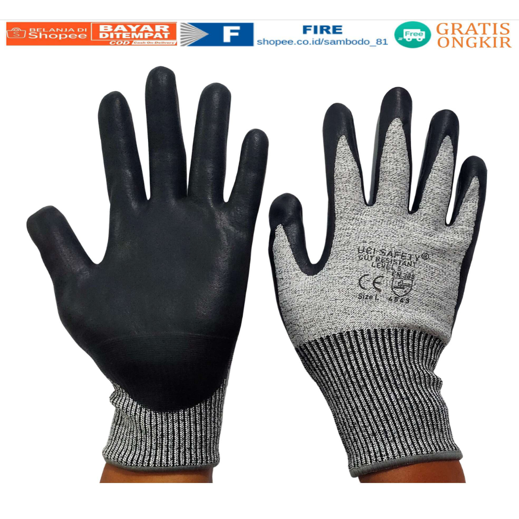 Sarung Tangan Glove Cut Resistant level 5 Anti Pisau potong coated coating tapak dilapisi Nitril Hitam