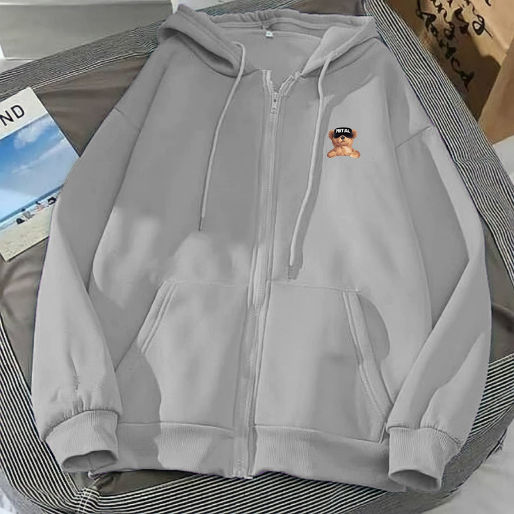 Jaket Resleting Zipper Bear Virtual L XL XXL Hoodie Cowok Motif Bear Aesthetic Others Kekinian Cewek