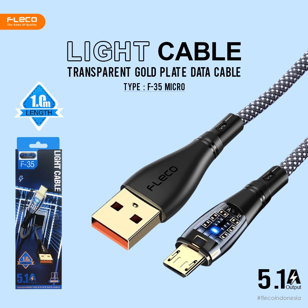 kabel data fleco F35 MICRO original full ic transparan super light cable 5.1A fast charging high speed for androidsmaprtphone