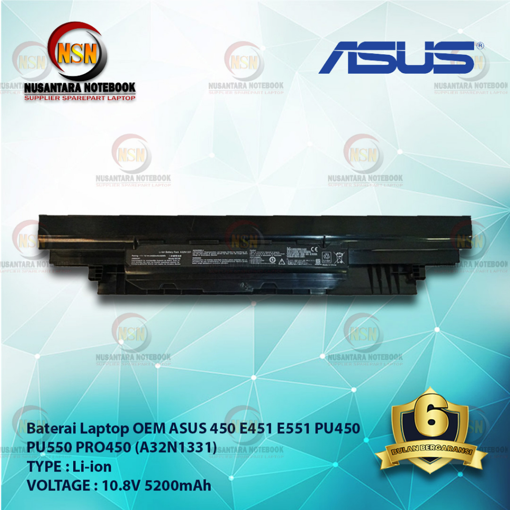 Baterai Laptop OEM Asus A32N1331 For 450 PU450 PU550 10.8V 5200mAh