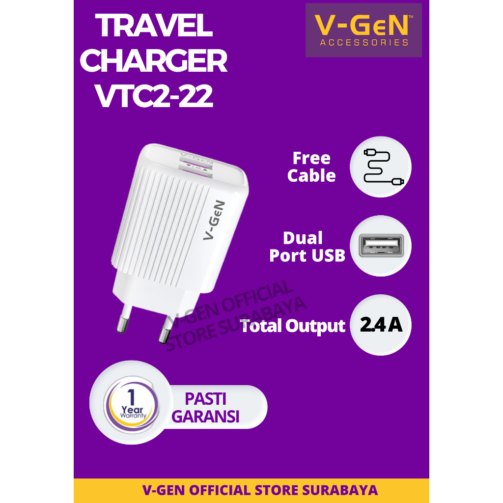 Adaptor Charger V-GeN VTC2-22 2.4A Dual Port USB Travel Charger VGEN