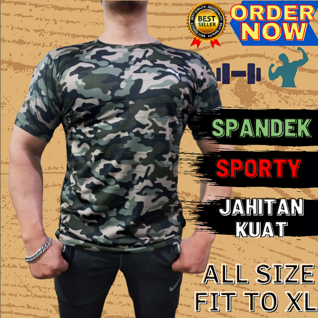 Kaos Gym Press Body Lengan Pendek Pria Motif Loreng Army Bahan Spandek Ketat