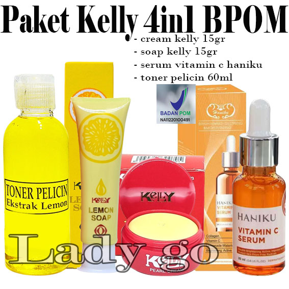 Paket Kelly 4 in 1 - Kelly Pearl Cream 15 gr - Kelly Lemon Soap 15 gr - Toner Wajah 60ml - Serum Vit C Haniku