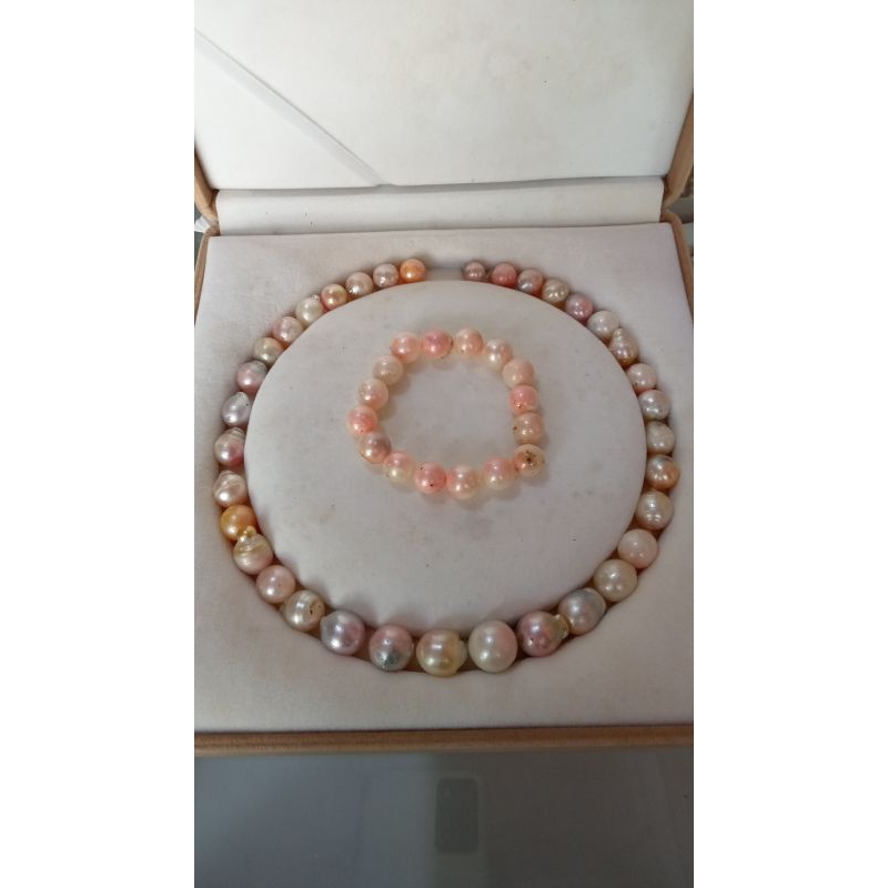 set mutiara laut Pink natural gelang & kalung air mutiara laut Pink