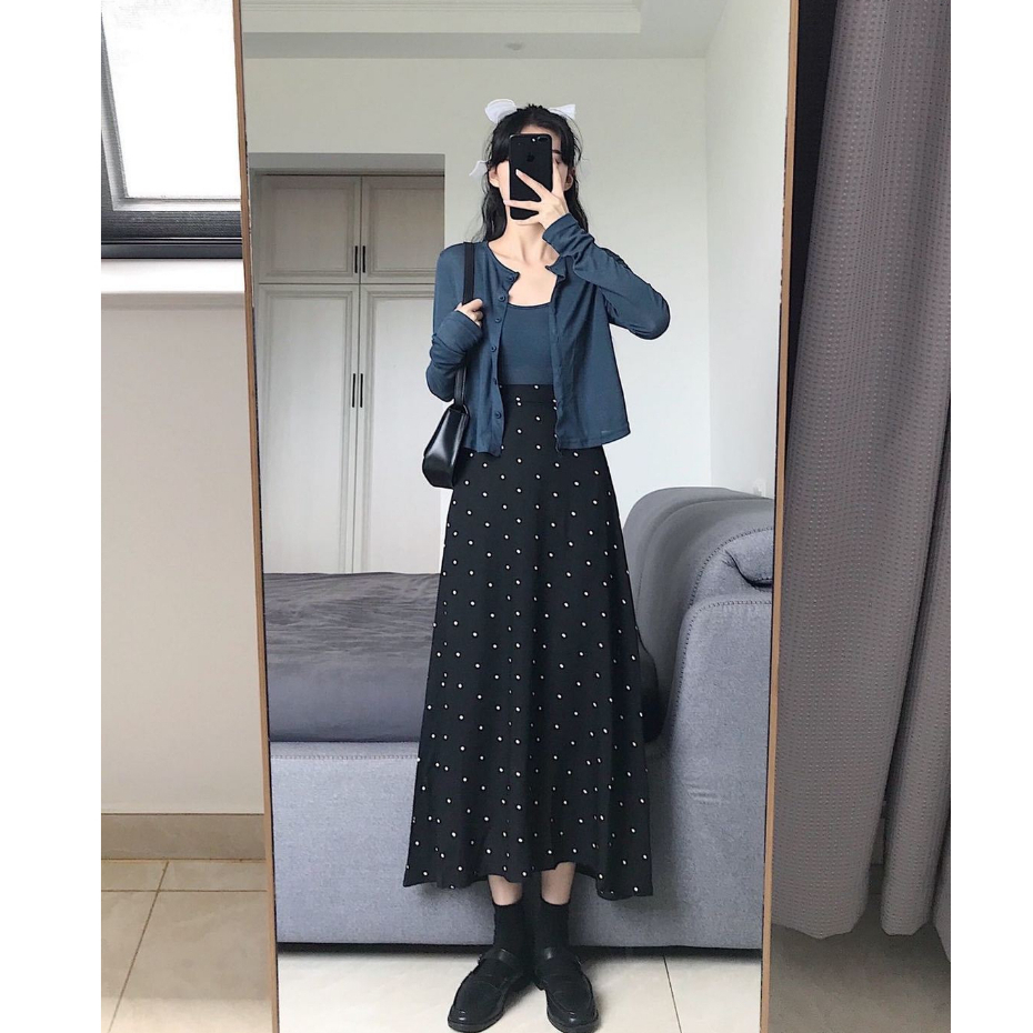 Hitam midi Pinggang Tinggi skirt Rok Putri Duyung Wanita Pola Polka Dot