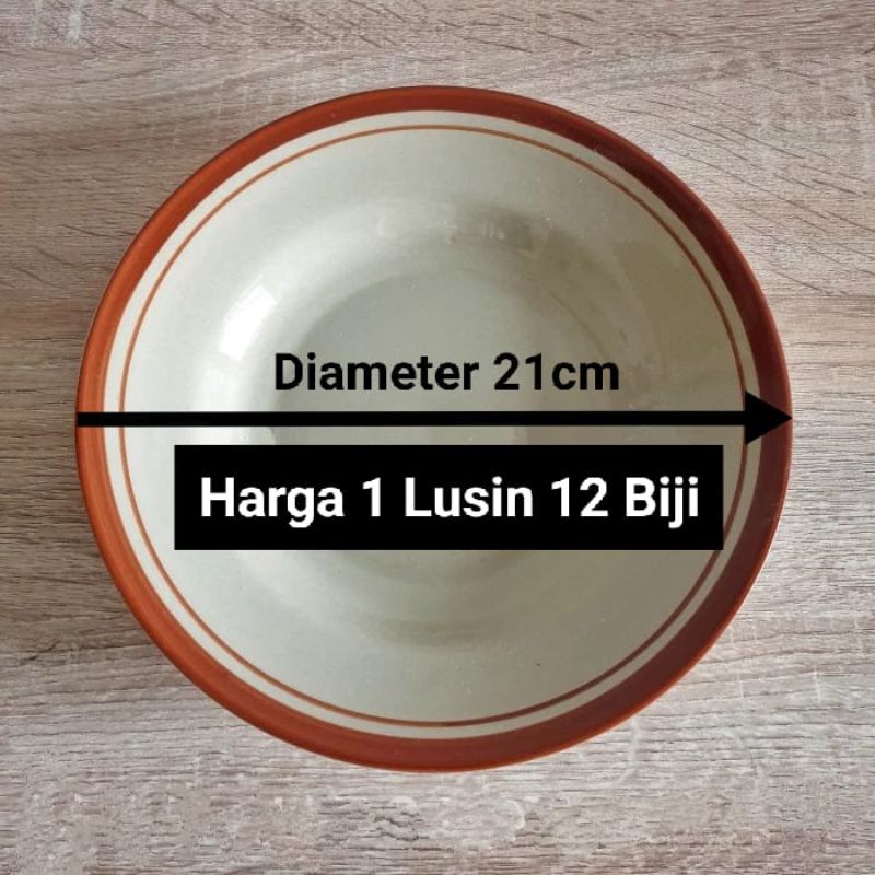 piring makan keramik Lis Coklat ukuran 8" diameter 21cm Harga 1Lusin (12Biji)