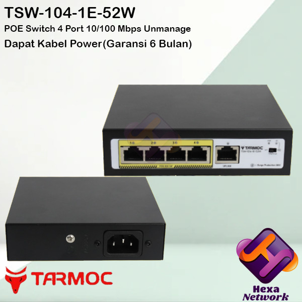 Tarmoc TSW-104-1E-52W,4 Port 10/100 802.3af/at POE Switch 52 watt