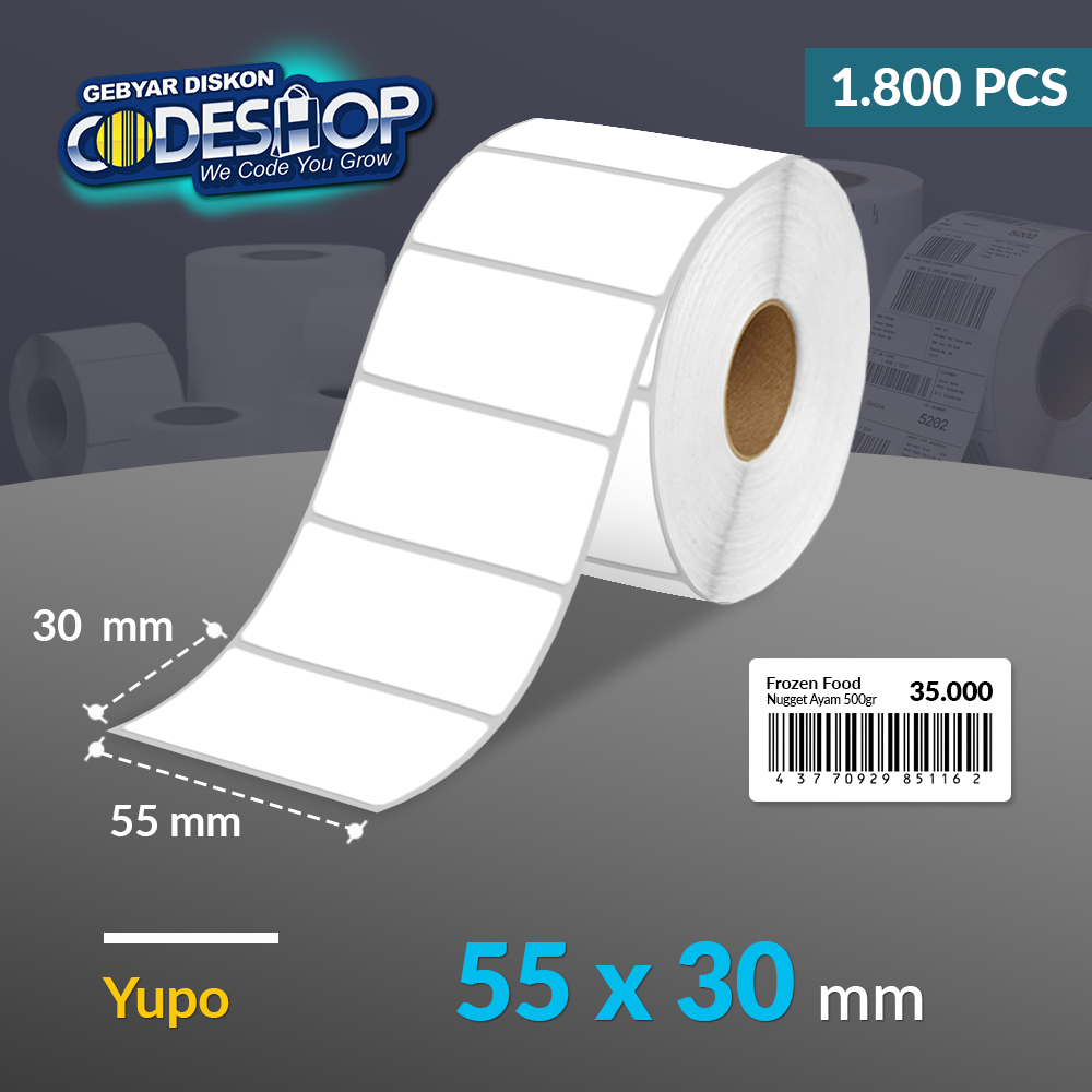 

Codeshop Label Yupo 55 x 30 mm 1 Line Stiker Printer Barcode 1.800 Pcs Anti Sobek Tahan Air Gesek