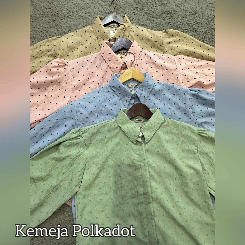 Kemeja Wanita Motif Polkadot Bahan Cringkel Lengan Balon