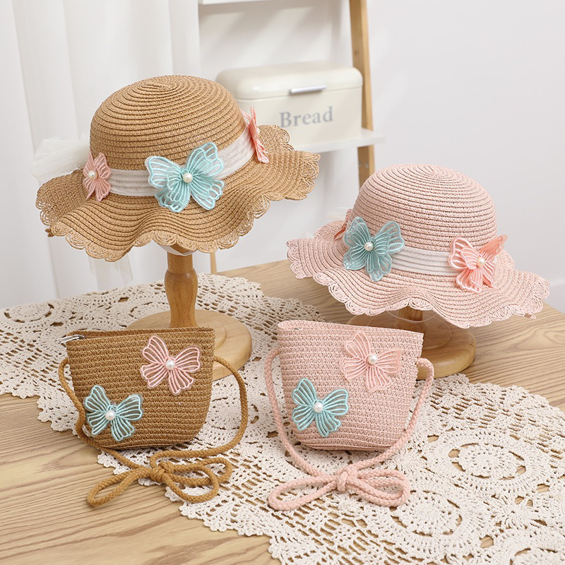 4tahun keatas Topi Pantai Import Anak Perempuan Dan Tas Jerami Butterfly