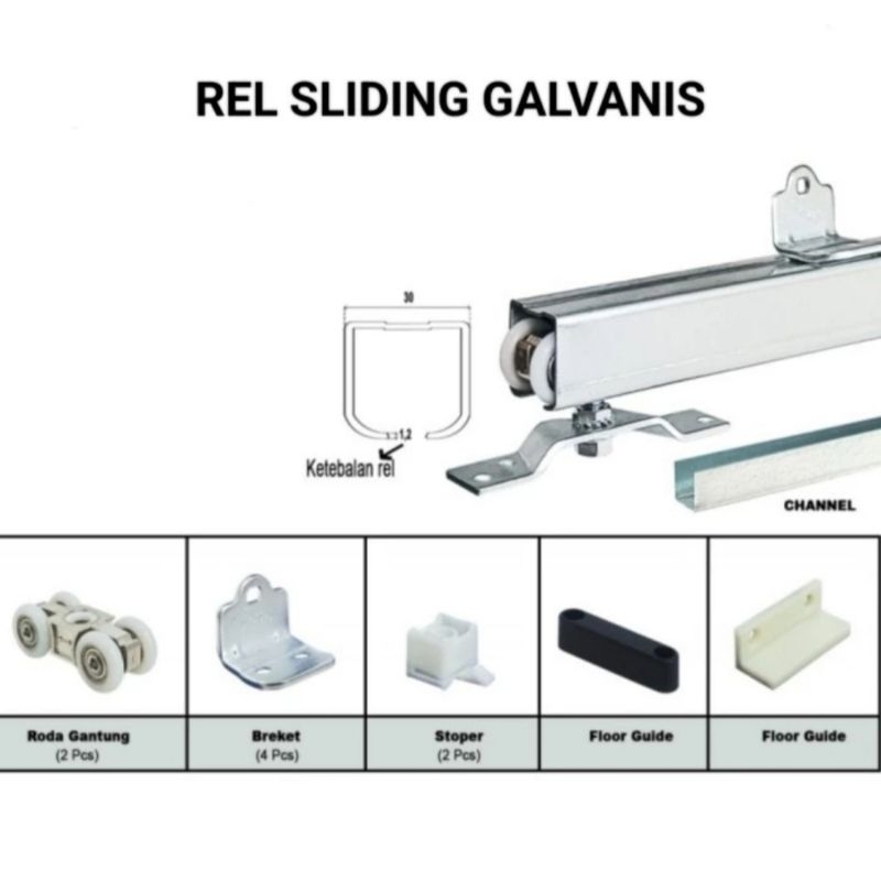 Rel Pintu Geser/Sliding Rail Galvanis D6/J6 Panjang 3 meter Komplit Set