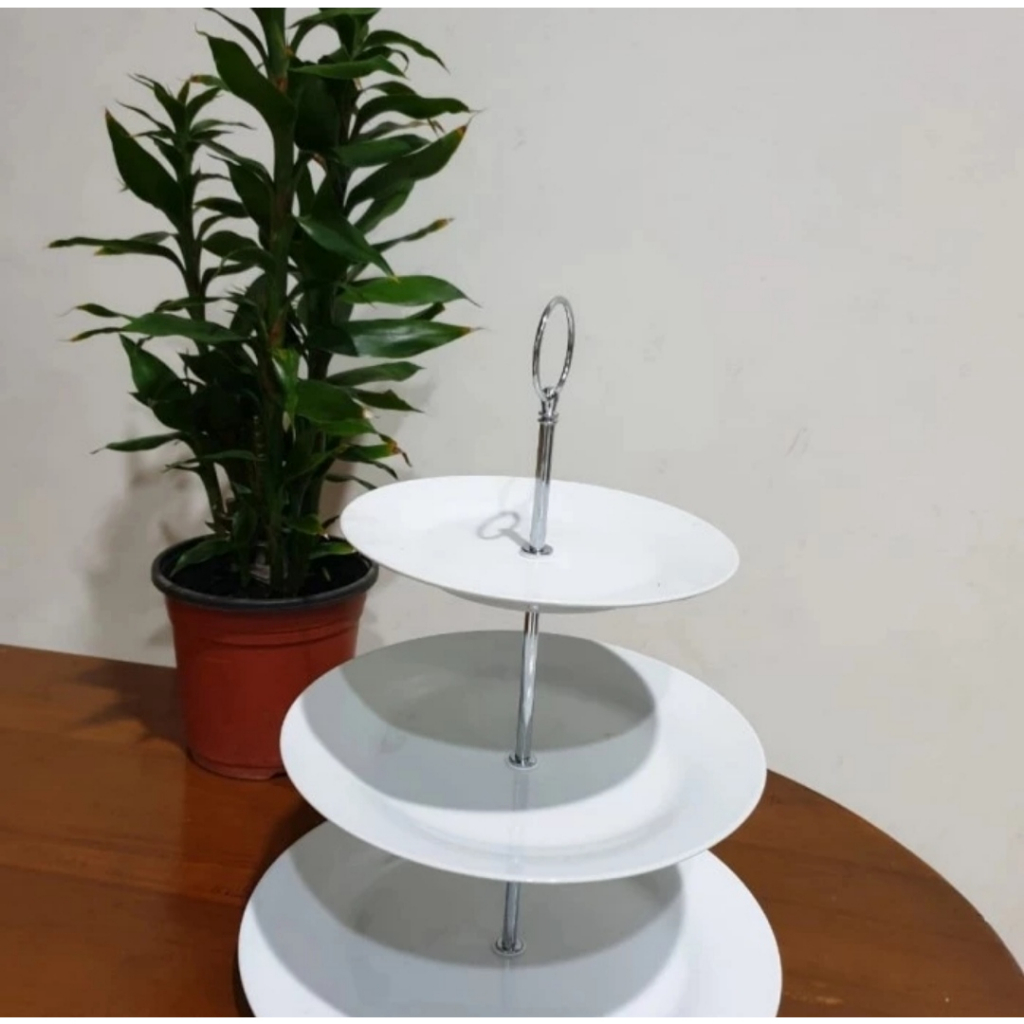 Home Line Piring Keramik Buah/ Kue Set Susun Tingkat 3 Putih