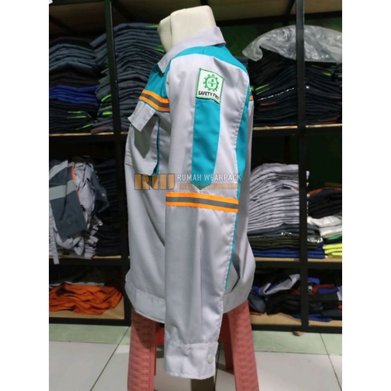 Wearpack Kerja/Baju Proyek Warna Abu Muda Kombinasi Tosca