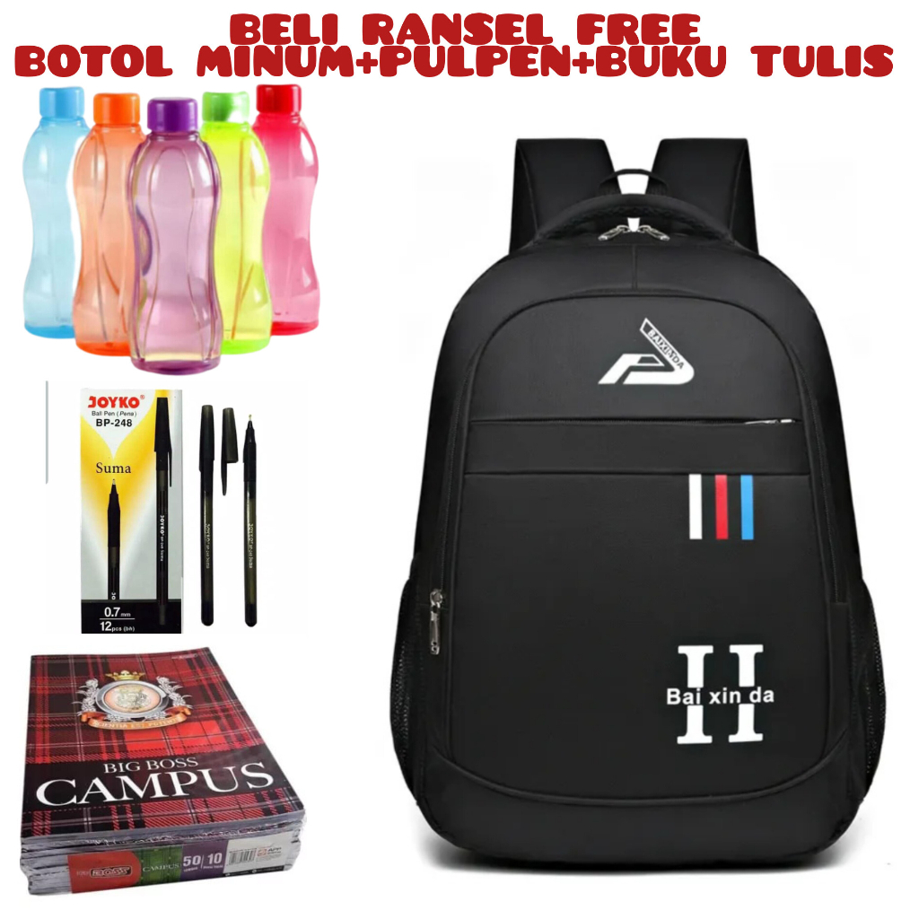 JS - Beli 1 Dapat 4-Tas Pria ZB RDN 069 Distro Raindoz Bandung Ransel Punggung Backpack Cowok Keren Sek BRAN NB-Tp BJ Beli Ransel Free Botol Minum+Pulpen+Buku Tulis