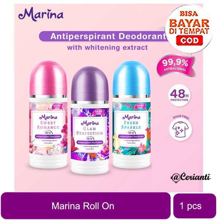 [ROLL ON 48JAM PERLINDUNGAN | 50ML | BPOM] Marina Anti Perspirant Deodorant 50ml - Fresh Sparkle  Glam Perfection - Sweet Romance_Cerianti