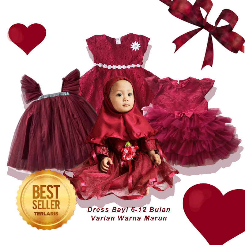 Gaun Pesta Mewah Anak Warna Marun Dress Bayi 6 12 Bulan Korea Style Import Gaun Tutu Mewah Megar Baju Bayi Newborn Pesta Maroon Natal Baptis Aqiqah Gamis Bayi NB