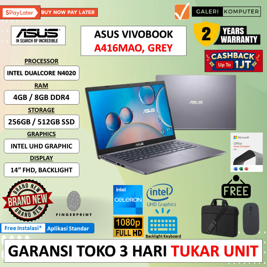 Laptop ASUS VivoBook A416MAO FHD Intel N4020 8GB 512GB 14&quot; FHD Windows 11 Home Free Office Home Student Original