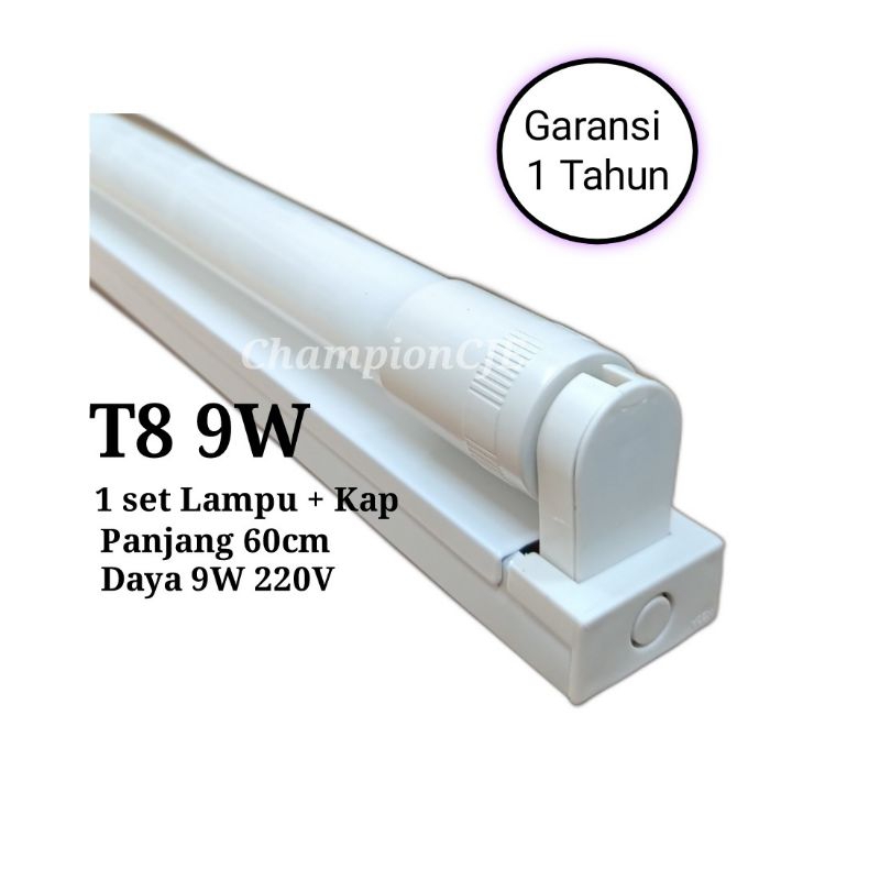 Lampu T8 TL LED 9W + Kap Set Komplit 60cm 220V