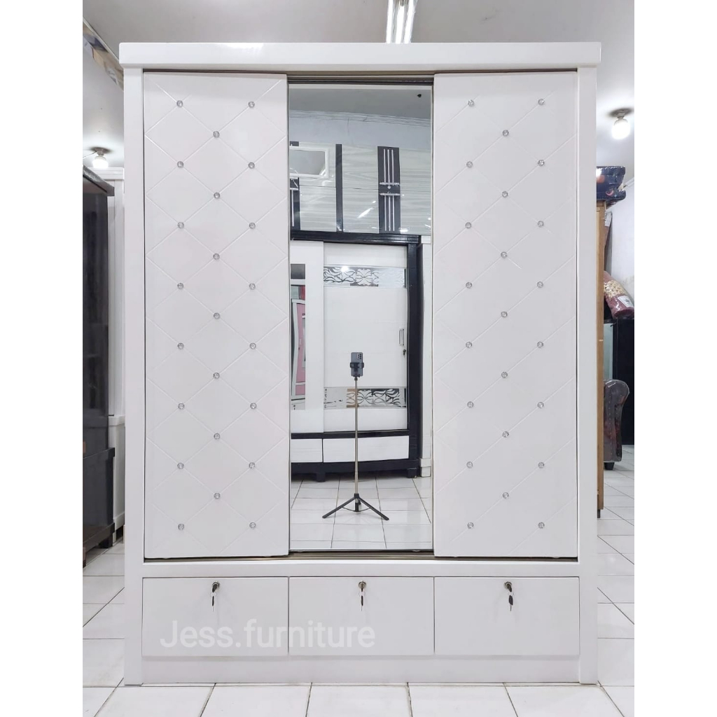 Lemari Pakaian 3Pintu Diamond Laci 3 , Lemari Sliding 3Pintu Geser , Lemari Baju Gseser 3Pintu , Lem