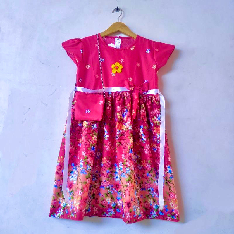 Dress anak 5 6 7 8 9 10 tahun gaun anak perempuan cewek motif bunga free tas ( dress harumi tas )