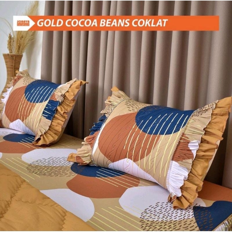 SORAYA BEDSHEET SET BEDCOVER KATUN GOLD MOTIF COCOA BEANS COKLAT