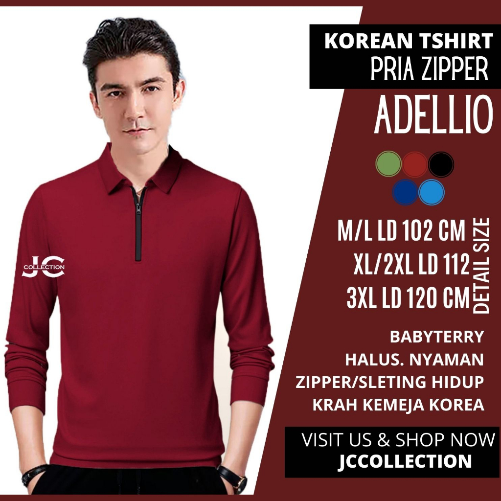 Kaos Pria kerah Lengan Panjang Pria Gaya Korea variasi seleting Adelliyo / Tshirt Kaos Pria Korea Style JCCollections