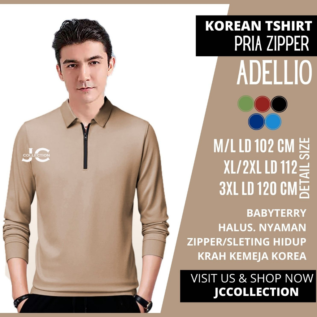 Kaos Pria kerah Lengan Panjang Pria Gaya Korea variasi seleting Adelliyo / Tshirt Kaos Pria Korea Style JCCollections