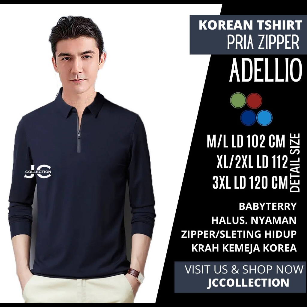 Kaos Pria kerah Lengan Panjang Pria Gaya Korea variasi seleting Adelliyo / Tshirt Kaos Pria Korea Style JCCollections