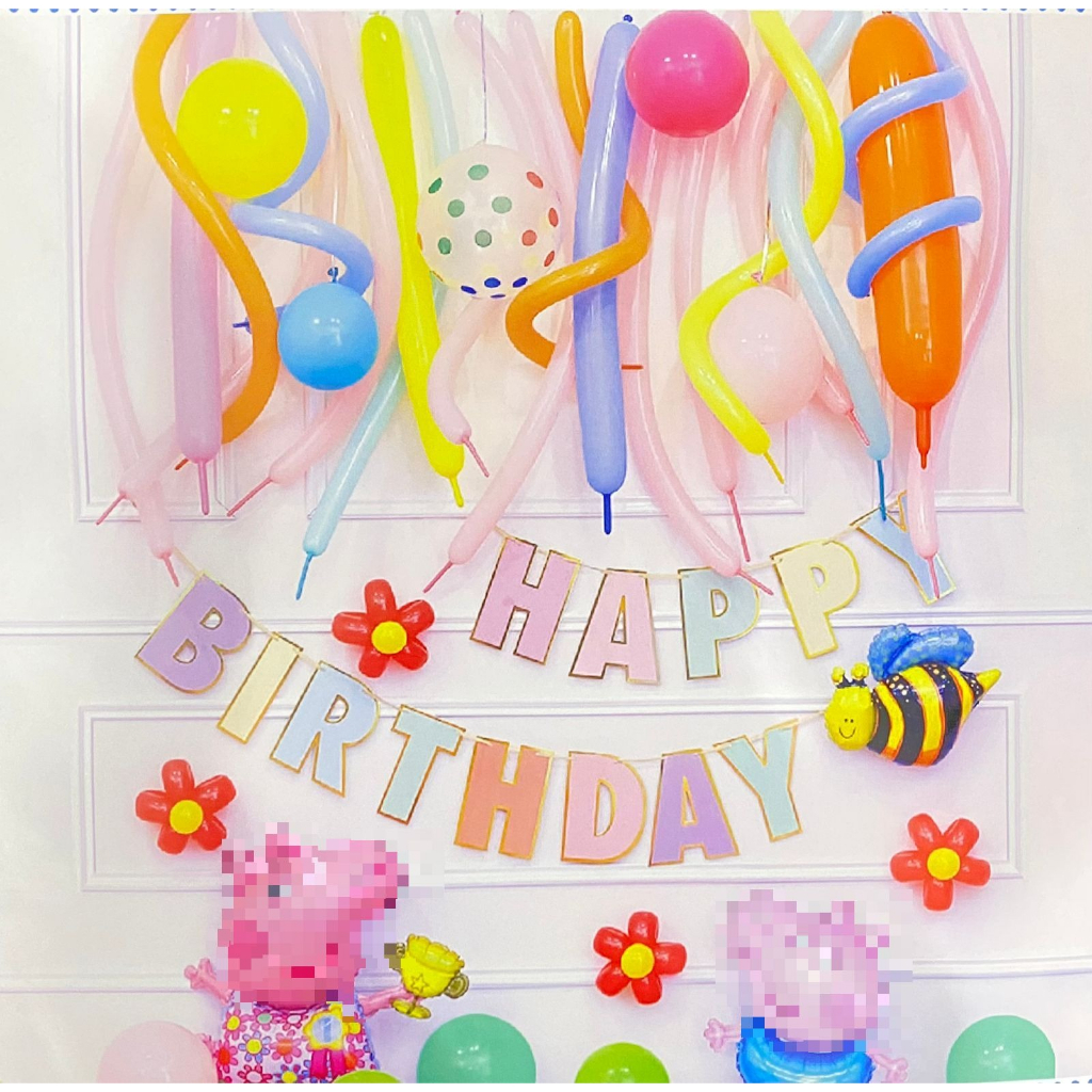 SS Set Banner Bunting Balon Foil HAPPY BIRTHDAY Karakter Pig Mouse Backdrop Paket Ulang Tahun Dekorasi Latar Belakang Karakter Balon Banner Perlengkapan Pesta Ulang Tahun