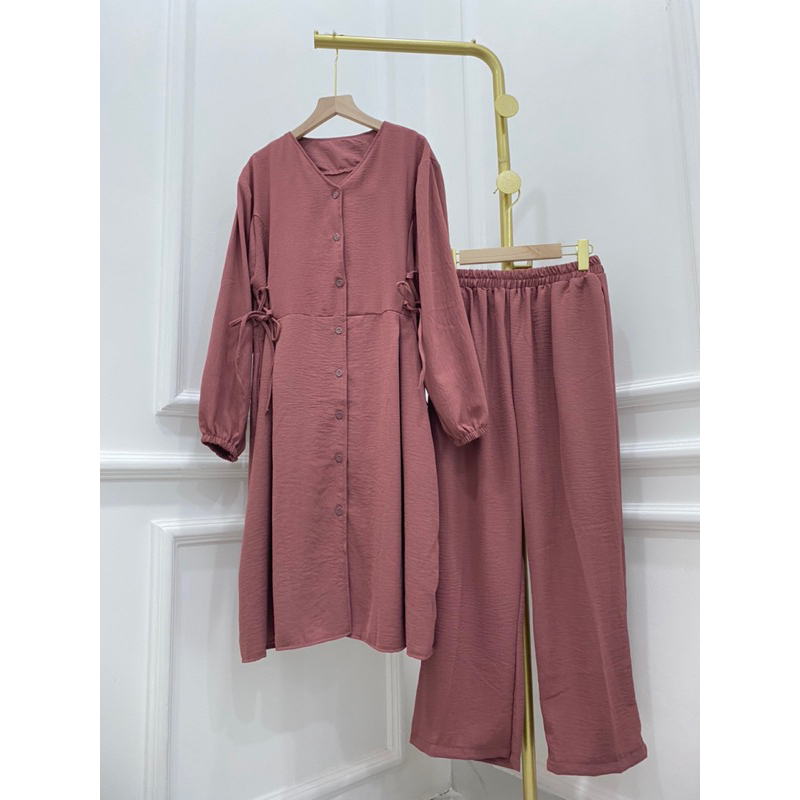 SETCEL CRINKLE LONG TUNIK DRESS FULL KANCING BUSUI FRIENDLY IKAT SAMPING LOVIA MURAH POLOS GROSIR