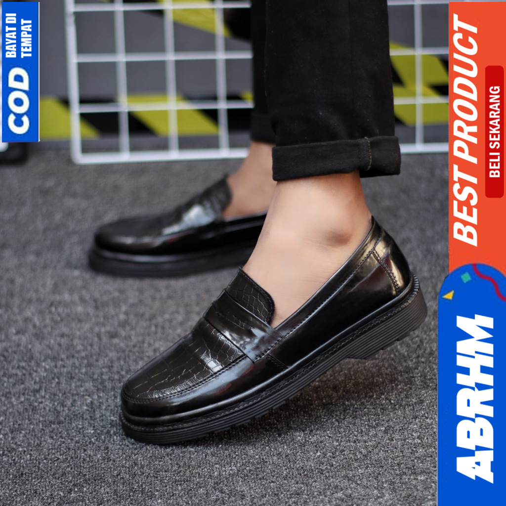 ABRHM Sepatu Loafers Docmart Formal Pantofel Kerja Hitam Pria