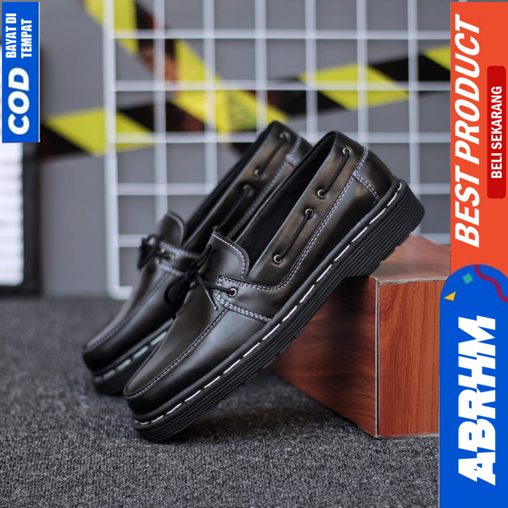 ABRHM Sepatu Loafers Formal Pantofel Docmart Kerja Hitam Pria