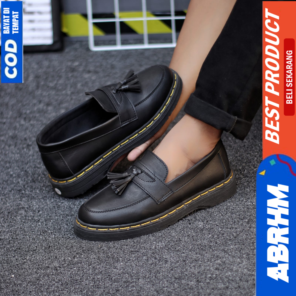 ABRHM Sepatu Loafers Formal Pantofel Docmart Casual Kerja Hitam Pria