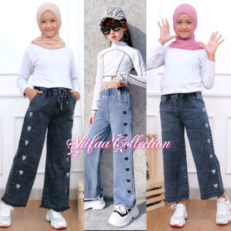 Celana Jeans / Celana Kulot Jeans Anak / Celana Kulot Jeans Bordir Love Anak-Anak Ukuran 4.5.6 M.L.XL Tanggung