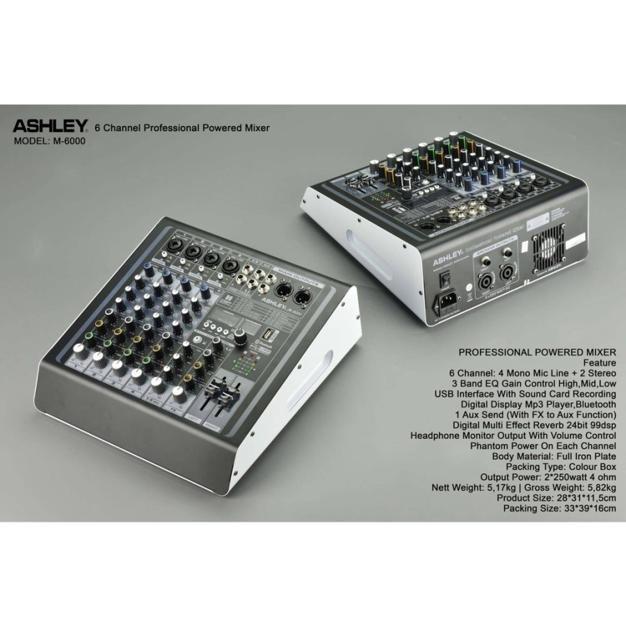 Power Mixer 4 channel 500 watt ASHLEY M 6000 Usb Bluetooth Efek Ampli Studio