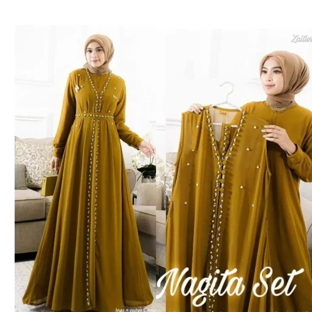 GAMIS WANITA SET NAGITA DRESS BAHAN CERUTY APLIKASI MUTIARA LD 100 - 120 CM PB 140 CM GAMIS WANITA TERBARU 2023 / DRESS CERUTY BABYDOLL PREMIUM / MAXY DRESS WANITA JUMBO / PAKAIAN MUSLIM WANITA