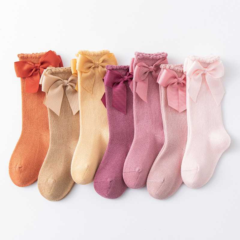 （0-7）Katun murni Kaos kaki panjang good quality selutut dengan aksen pita Kaos Kaki Panjang anak bayi Kaus Kaki anak bayi perempuan Baby Socks cocok untuk anak perempuan
