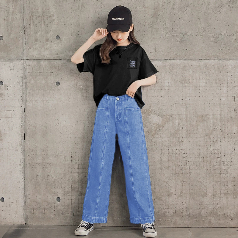 Setelan Anak Perempuan Kaos Hitam + High Waist Jeans Import CST595