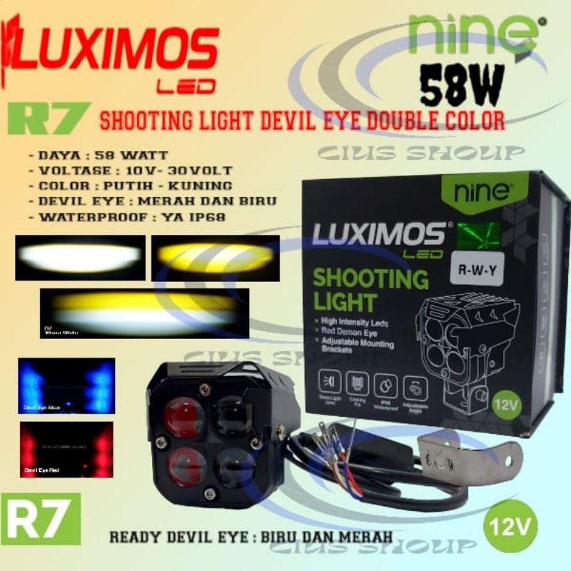 NINE LUXIMOS SHOOTING LIGHT R7 DEVIL EYE 4 MATA LED 58 WATT 2 WARNA PUTIH KUNING LAMPU SOROT MOTOR DAN MOBIL