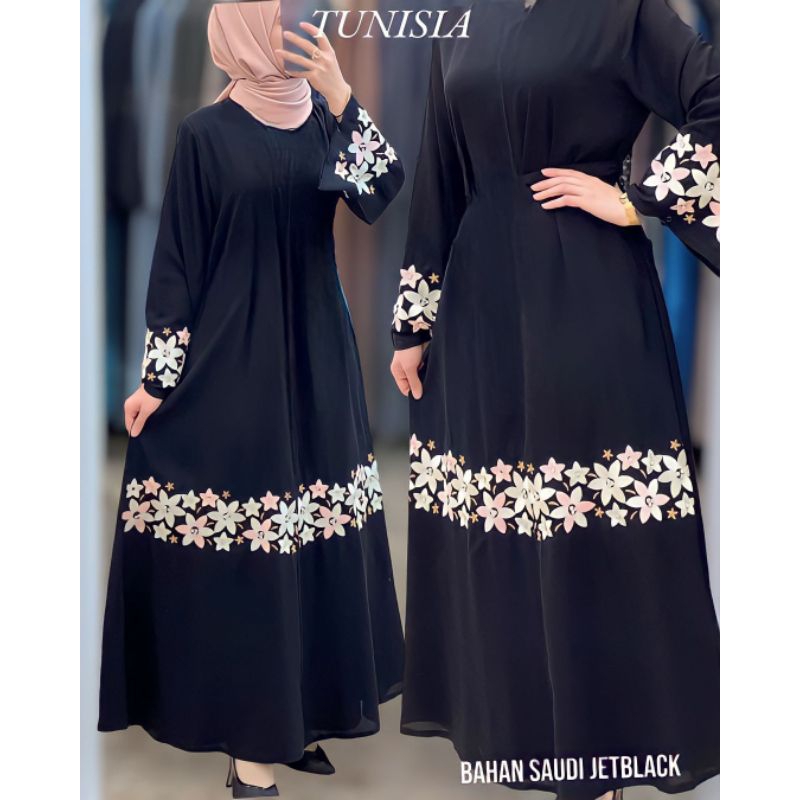ABAYA TUNISIA MOTIF ELEGANT BAHAN JETBLACK ALKHATIB COLLECTION DEWASA S M L XL XXL / COD / GAMIS SYA