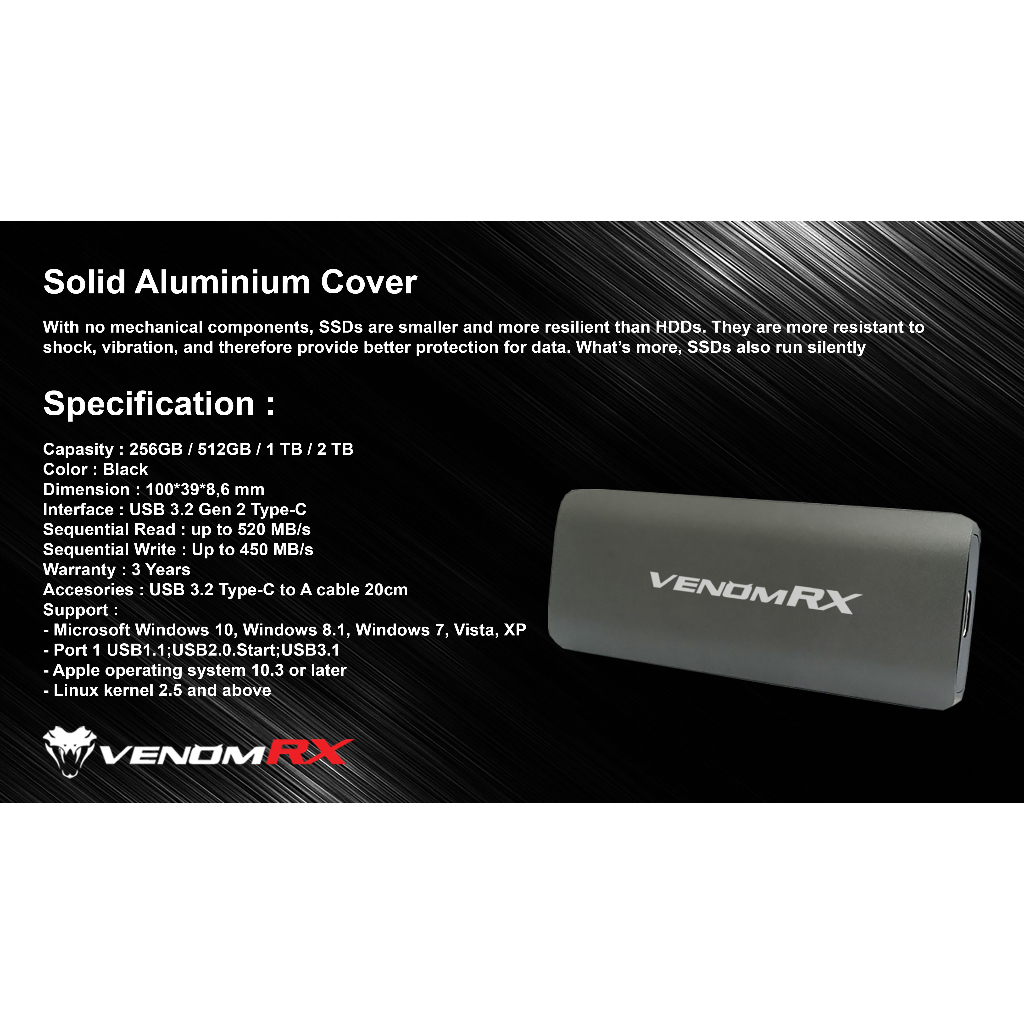 Venom Rx 256GB External SSD Portable Gen 2 Type USB-C USB 3.2