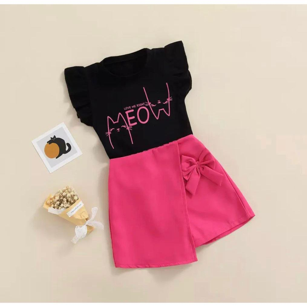 setelan baju atasan anak bayi perempuan dan celana pendek anak lucu 1-5 tahun motif meow terbaru dan termurah/outfid anak cewe kekinian