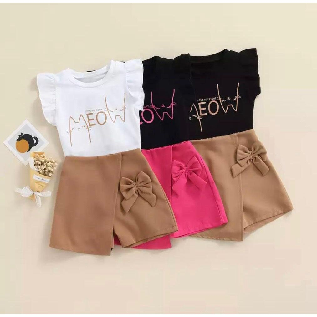 setelan baju atasan anak bayi perempuan dan celana pendek anak lucu 1-5 tahun motif meow terbaru dan termurah/outfid anak cewe kekinian