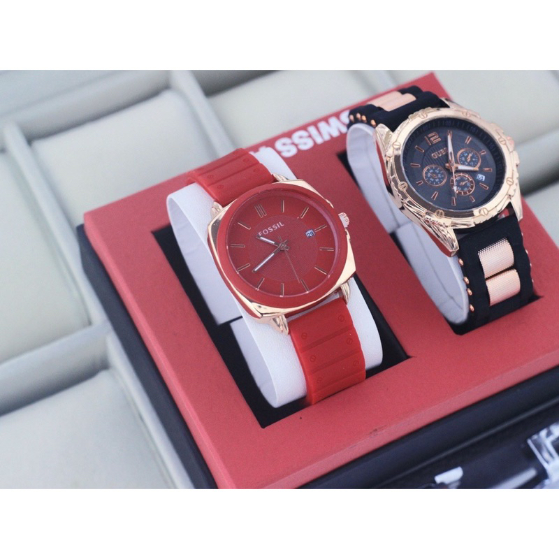 (Terima Cod)Jam Tangan wanita Fashion Buy 1 Get 1 Paket Hemat Kado FsL Bulat+Gues Ring Rose Tanggal Aktif Strap Rubber/Karet(Dikirim Jakarta)Free Box