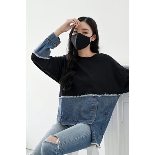 SWEATER JEANS SIMETRIS COMBI BABYTERRY WANITA TANGAN PANJANG