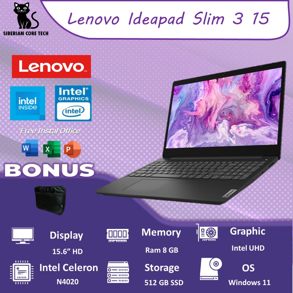 LAPTOP LENOVO IDEAPAD SLIM 3 15 N4020 4GB 512GB SSD W11PRE 15.6