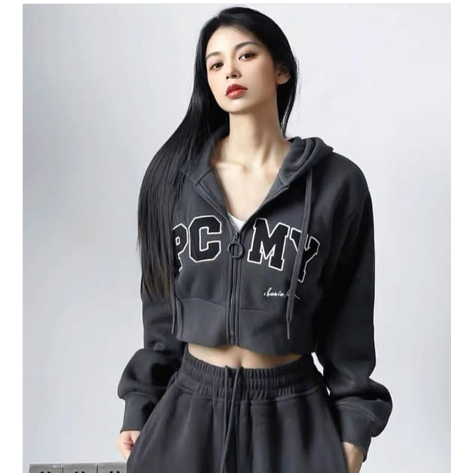 PCMY CROPE HOODIE ZIPPER SWEATER - SWEATER CROPE TOP WANITA