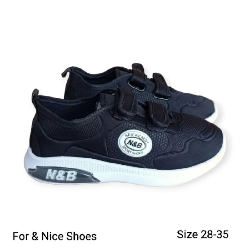 Sepatu Anak Sekolah N&B Velcro Perekat Hitam Putih Cewek Cowok TK SD Paud
